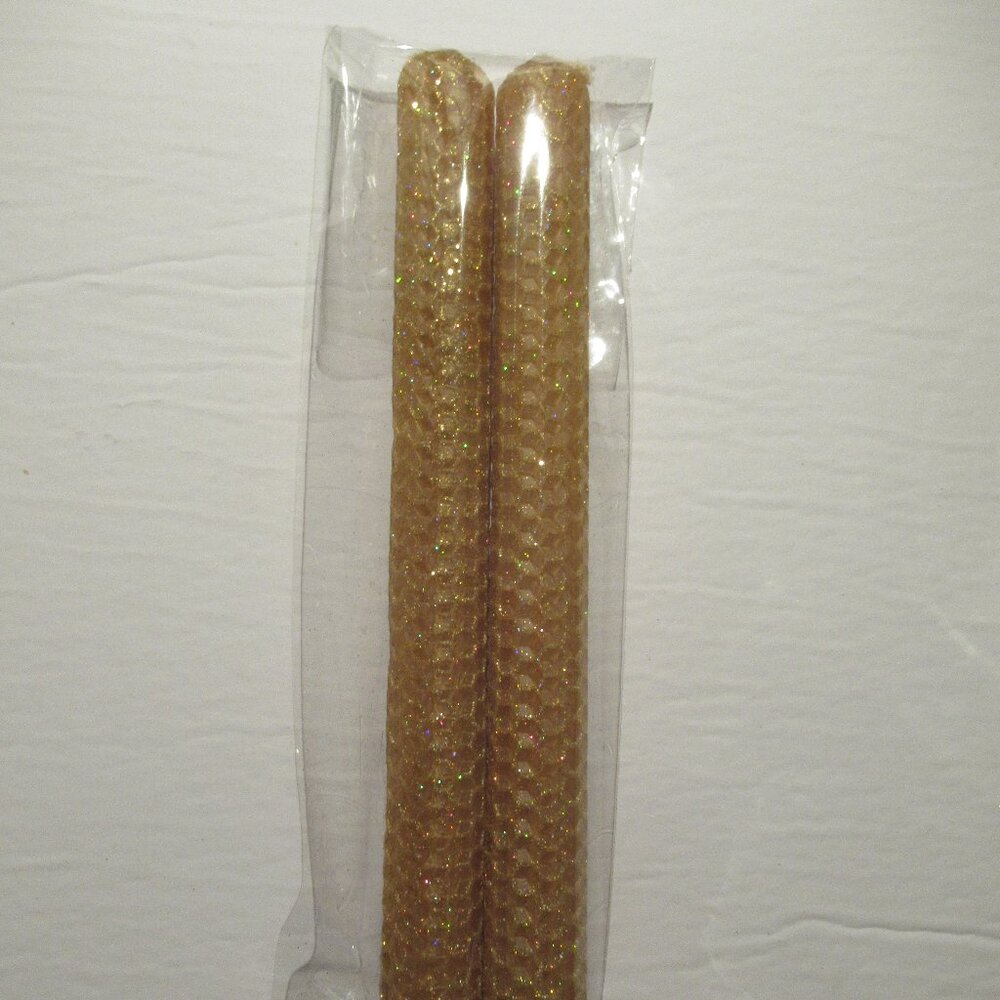 1 Pair, 8" Bees Wax Candles, Dark Gold w/ Iridescent Glitter, Handmade, Organic
